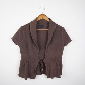 Vintage Tommy Hilfiger Y2K Brown Granola Knit Tie Front Top Beaded Boho Size L